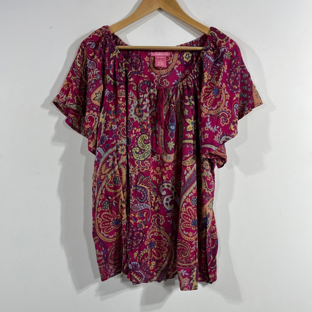 Woman Within Boho Paisley Cotton Peasant Top Tassel Size Medium Renfair Retro